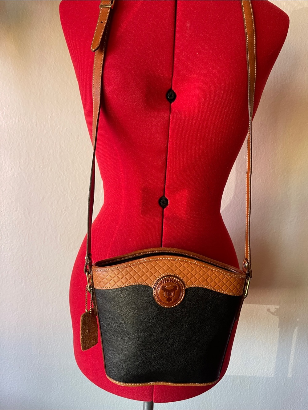 Two-Tone Black and Tan Leather Crossbody Bucket Bag